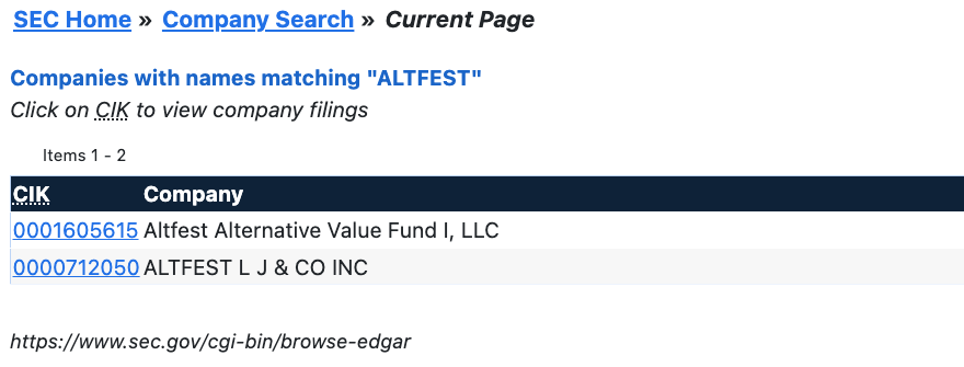 altfest-米国証券取引委員会のEDGARで「altfest」に一致する法人を検索した結果