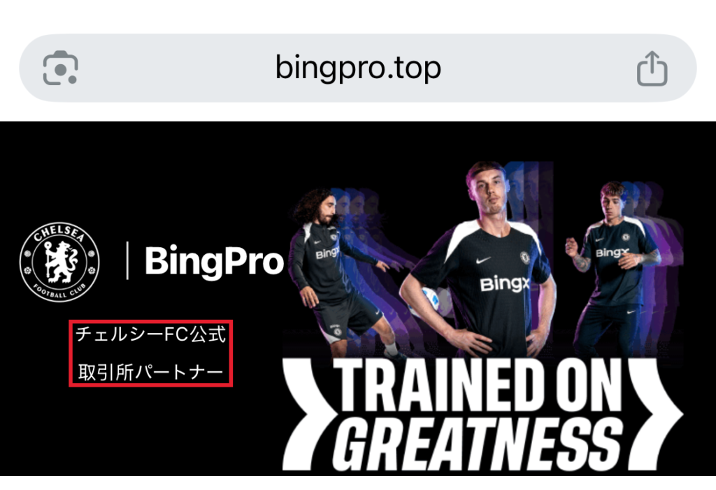 bingpro-bingpro.topのログイン画面 ※「チェルシーFC公式」「取引所パートナー」と記載