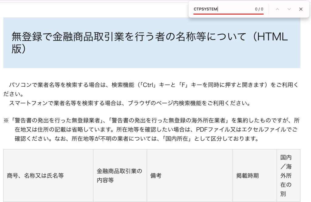 ctpsystem-「CTPSYSTEM」の検索が0件となる無登録業者の一覧