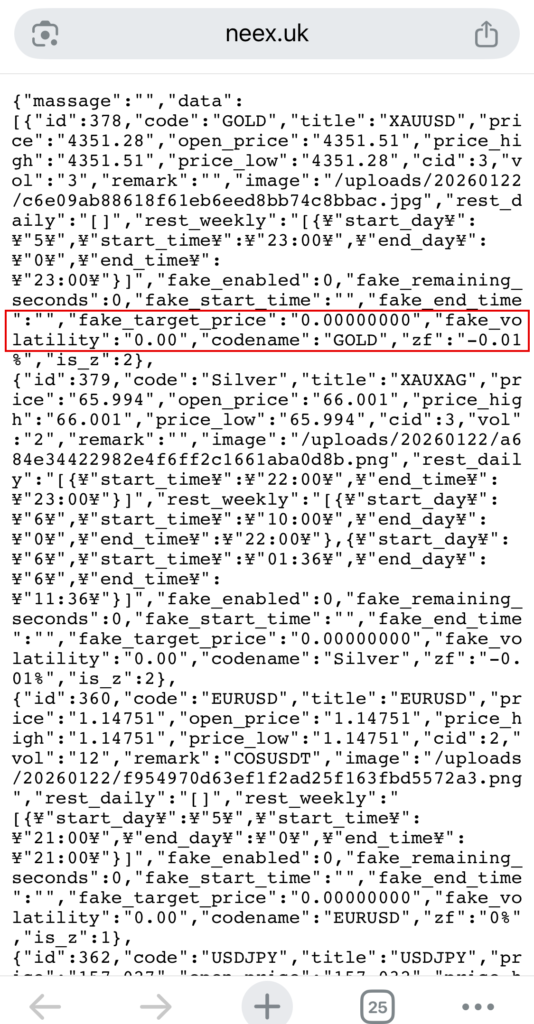 neex-neex.ukが返す銘柄のデータ(fake_target_priceなどの項目が並ぶ)