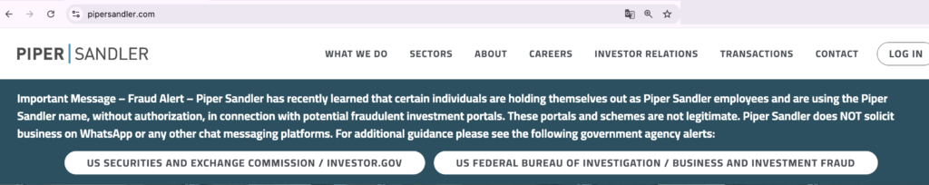PSDLR-Piper Sandler社の公式サイトに掲載されている注意喚起