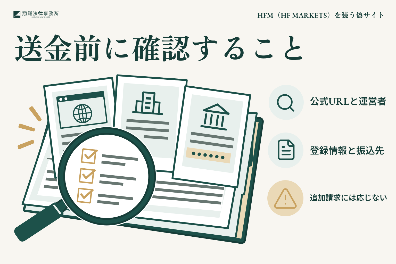 送金前に確認すること:公式URLと運営者、登録情報と振込先、追加請求には応じない