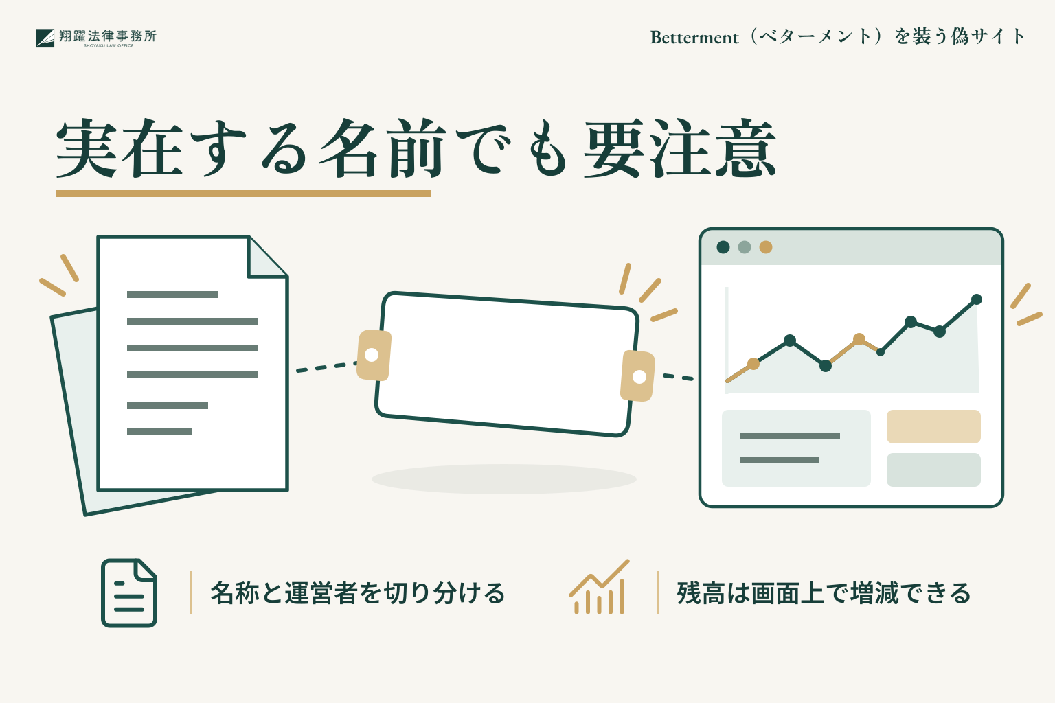 実在する名前でも要注意：名称と運営者を切り分ける、残高は画面上で増減できる