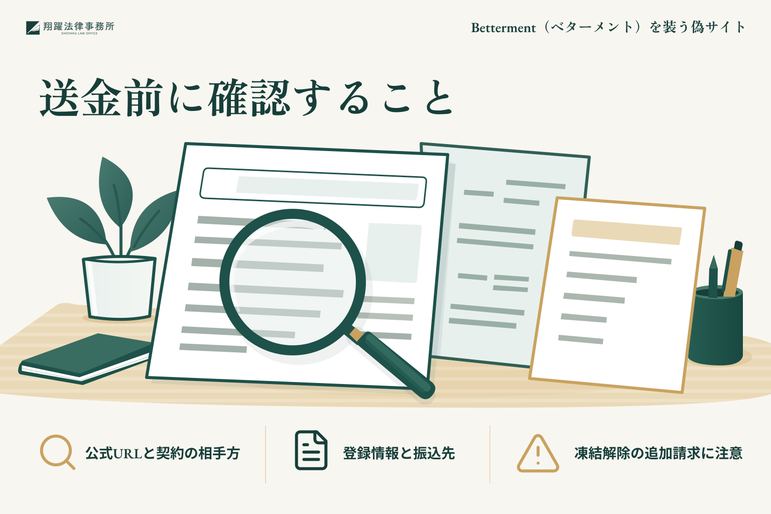 送金前に確認すること：公式URLと契約の相手方、登録情報と振込先、凍結解除の追加請求に注意