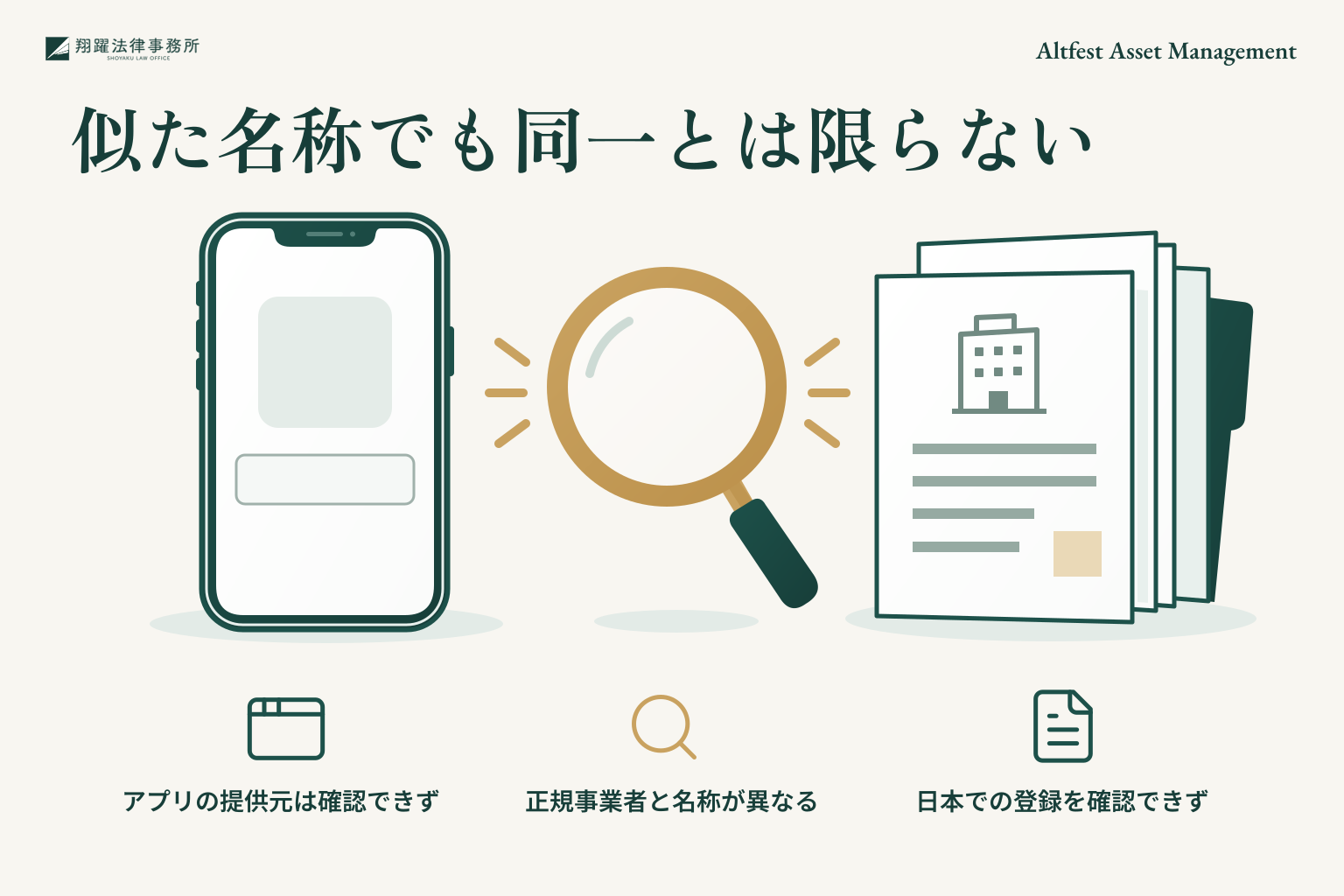 似た名称でも同一とは限らない:アプリの提供元は確認できず、正規事業者と名称が異なる、日本での登録を確認できず