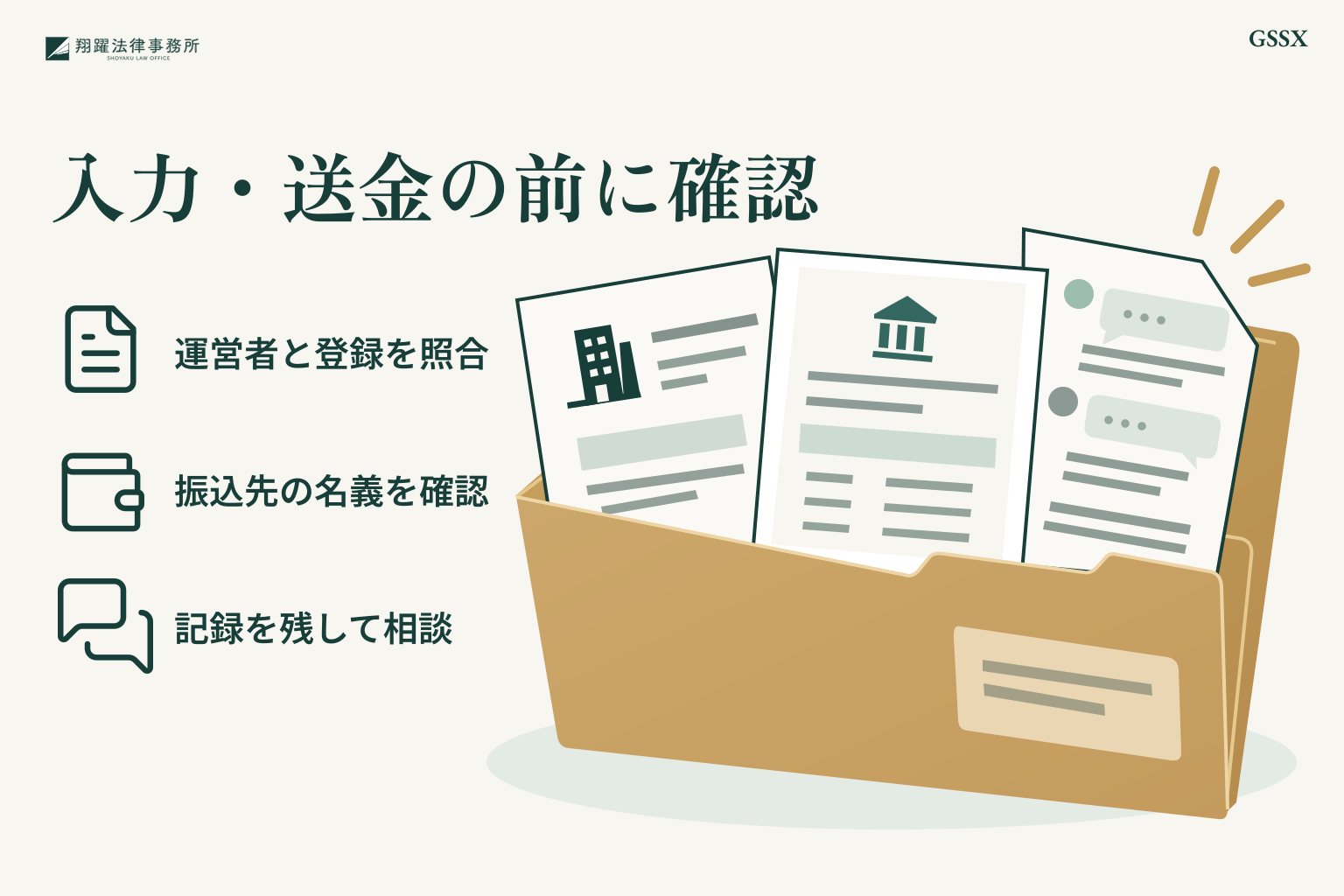 入力・送金の前に確認:運営者と登録を照合、振込先の名義を確認、記録を残して相談