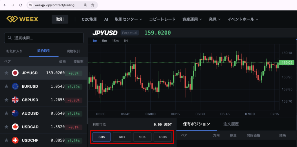 weexjp-30秒から180秒で勝敗が決まる契約取引の画面