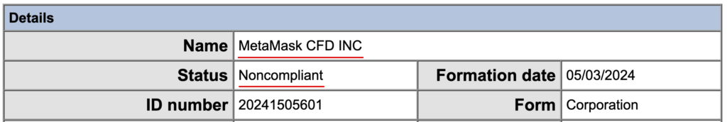 safepate-番号20241505601の名前がMetaMask CFD INCと出る州の記録