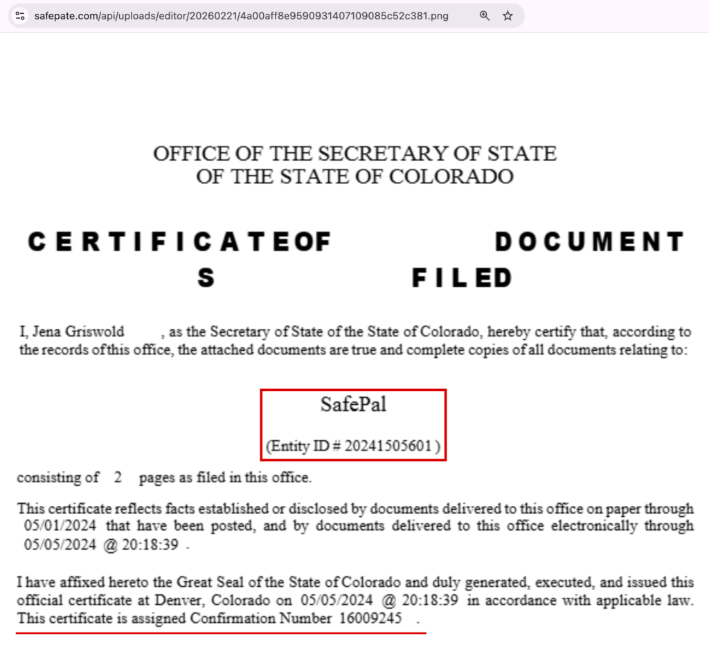 safepate-SafePalと法人の番号が書かれた書類の1枚目