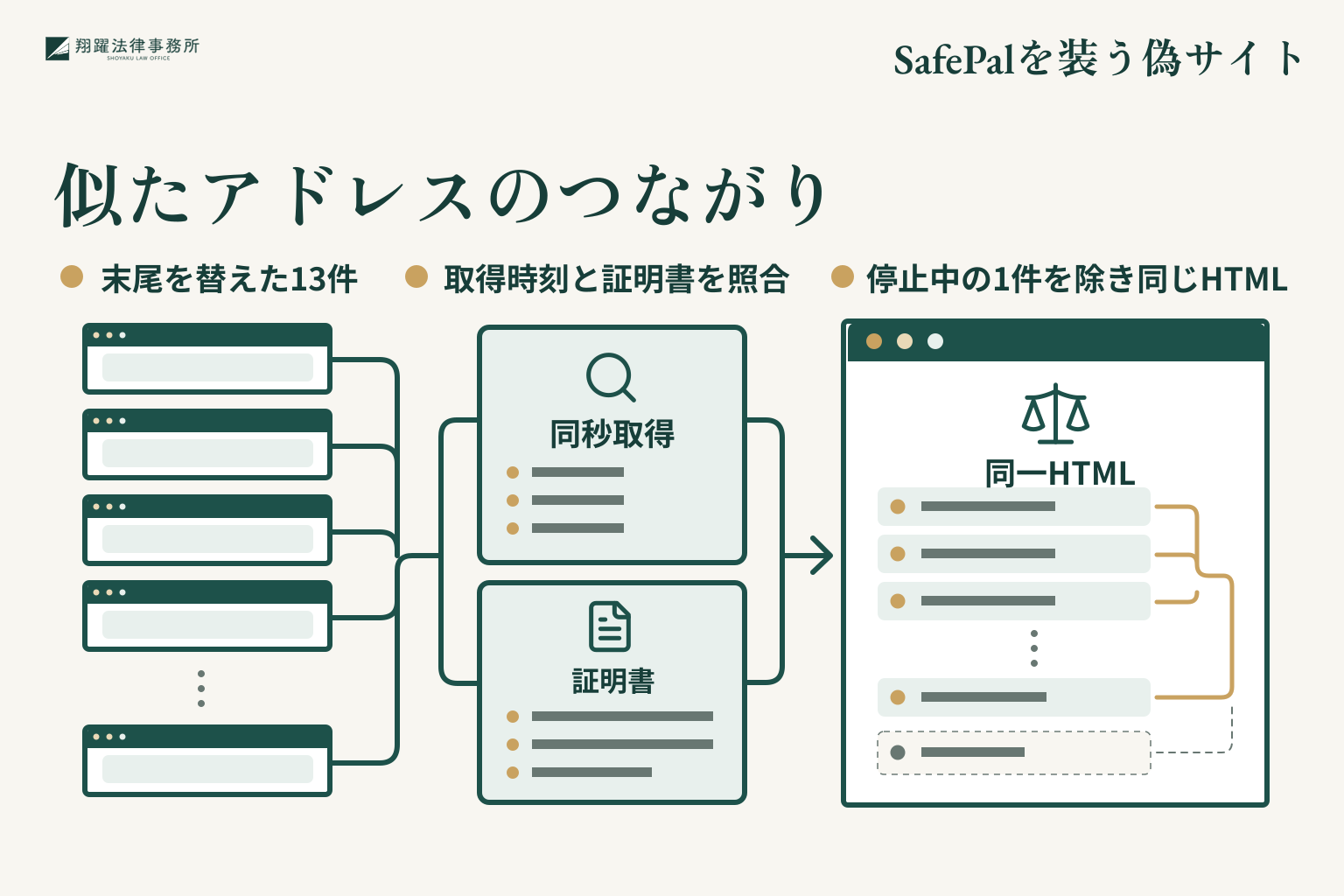 似たアドレスのつながり。末尾を替えた13件。取得時刻と証明書を照合。停止中の1件を除き同じHTML。事案名「SafePalを装う偽サイト」を右上に示す説明図。