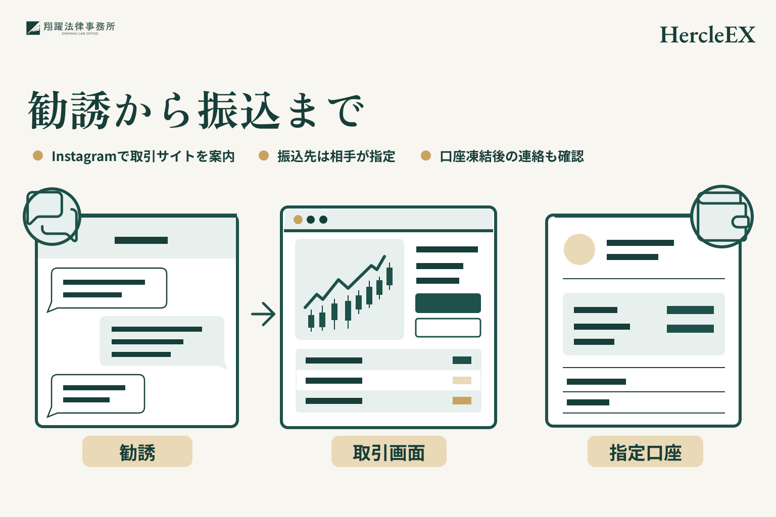 勧誘から振込まで。Instagramで取引サイトを案内。振込先は相手が指定。口座凍結後の連絡も確認。事案名「HercleEX」を右上に示す説明図。
