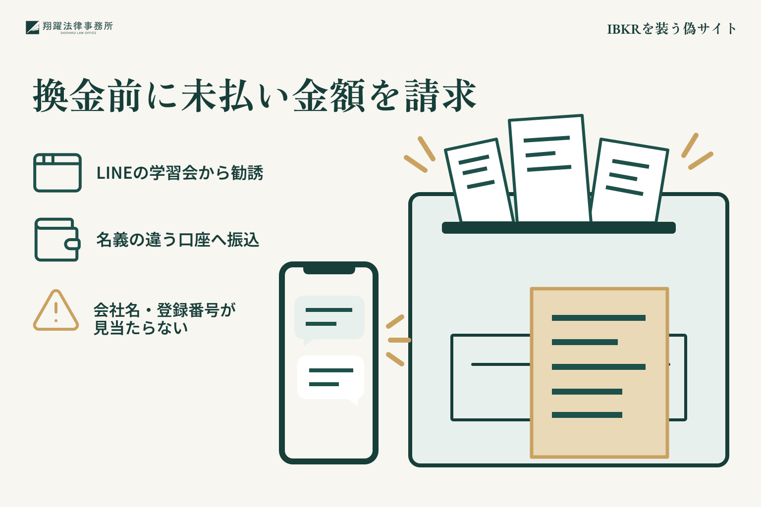 IBKRを装う偽サイト:換金前に未払い金額を請求を整理した説明図