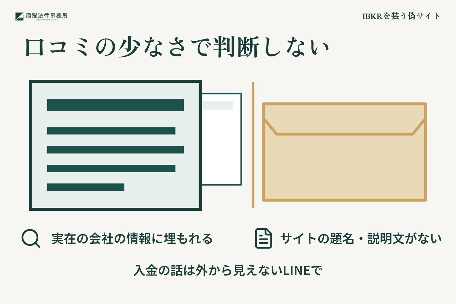 IBKRを装う偽サイト:口コミの少なさで判断しないを整理した説明図